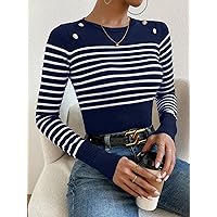 Women's Sweater Striped Pattern Button Detail Sweater Sweater for Women (Color : Blue and White, Size : Small)