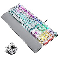 CC MALL Retro Steampunk Mechanical Gaming Keyboard, Metal Panel, Black Switches, LED Backlit,USB Wired,Hand Rest,Typewriter-Style Round Keycaps,for Laptop Desktop PC(2088-White)
