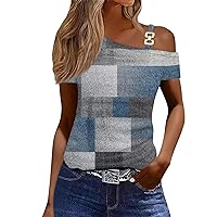Womens Off The Shoulder Tops Summer Sexy Short Sleeve Shorts Plaid Graphic Tees Oversized Dressy Casual Blouses