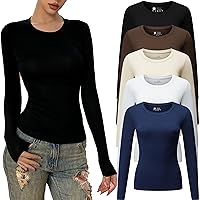 Women's Casual Basic Going Out Crop Tops Slim Fit Long Sleeve Crew Neck Tight T Shirts 5packs