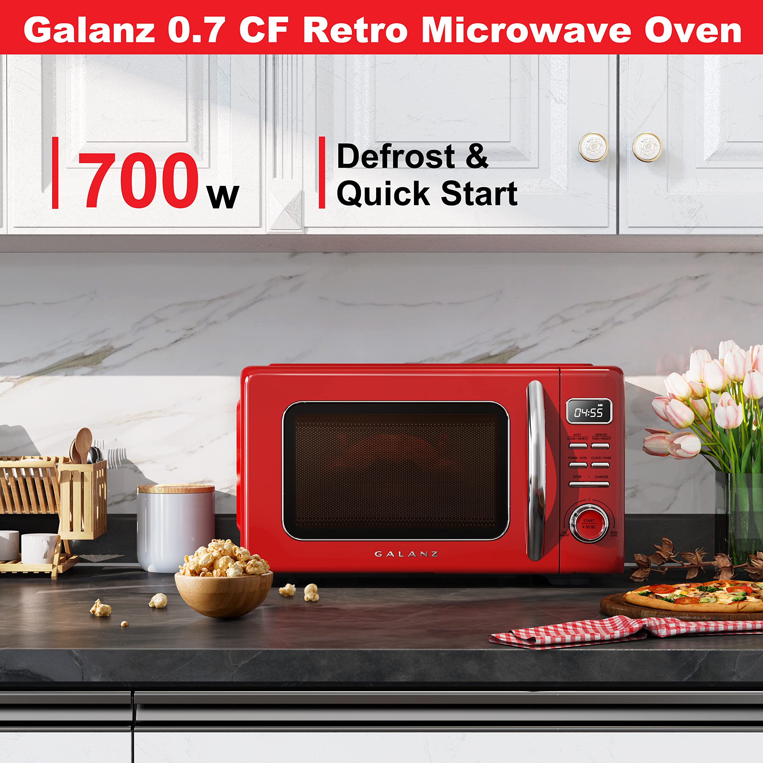 Galanz GLR46TRDER Mini Fridge with Dual Door, Adjustable Mechanical Thermostat with True Freezer, Red & GLCMKZ07RDR07 Retro Countertop Microwave Oven with Auto Cook & Reheat, Red