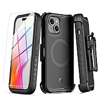 MYBAT Pro Shockproof Maverick Series Case for iPhone 15/14 Plus Case with Belt Clip Holster and Tempered Glass, 6.7 inch, Heavy Duty Military Grade Drop Protective, with 360° Rotating Kickstand-Black