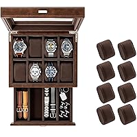 TAWBURY Bayswater 8 Slot Watch Box with Drawer (Brown) with a Set of 8 Small Pillows to Fit 6.6-7