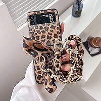 for Samsung Galaxy Z Flip 4 Case with Luxury Detachable Chain Wrist Strap Bracelet Cute Case for Girls Women Slim Leopard Print Silk Scarf Design Shockproof PC Cover for Galaxy Z Flip 4 5G Brown