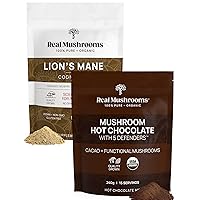 Real Mushrooms Hot Chocolate Mix (15 Servings) and Lion’s Mane (60 Servings) Powder Bundle - Mushroom Powder Supplement for Daily Immunity & Cognition Support - Gluten-Free, Non-GMO, Vegan