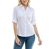 Zac & Rachel Women's Button Up Shirt with Two Front Pocket Design and Rolled 3/4 Sleeve