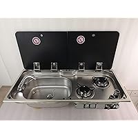 Boat Caravan RV Camper 2 Burner LPG Gas Stove Hob and Sink Combo with 2 Tempered Glass Top 775 * 365 * 150/120mm GR-904LD (Without Faucet)
