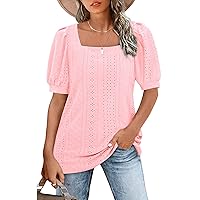 Womens Summer Tops 2024 Square Neck Short Sleeve Tunic Tops Eyelet T-Shirts S-2XL