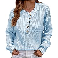 Women's 2023 Fall Henley Button V Neck Sweaters Long Sleeve Casual Loose Fit Jumpers Pullover Solid Color Knit Tops