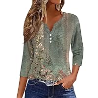 Women's Henley Tops,3/4 Length Sleeve Womens Tops Button Henley V Neck Shirts Henley 2024 Summer Blouses Dressy Fashion Print Clothes Cotton 3/4 Sleeve Tops for Women