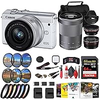 Canon EOS M200 Mirrorless Camera with 15-45mm and 55-200mm Lenses (White) (3700C009) + Filter Kit + 2 x 64GB Card + Charger + 2 x LPE12 Battery + Card Reader + More (Renewed)