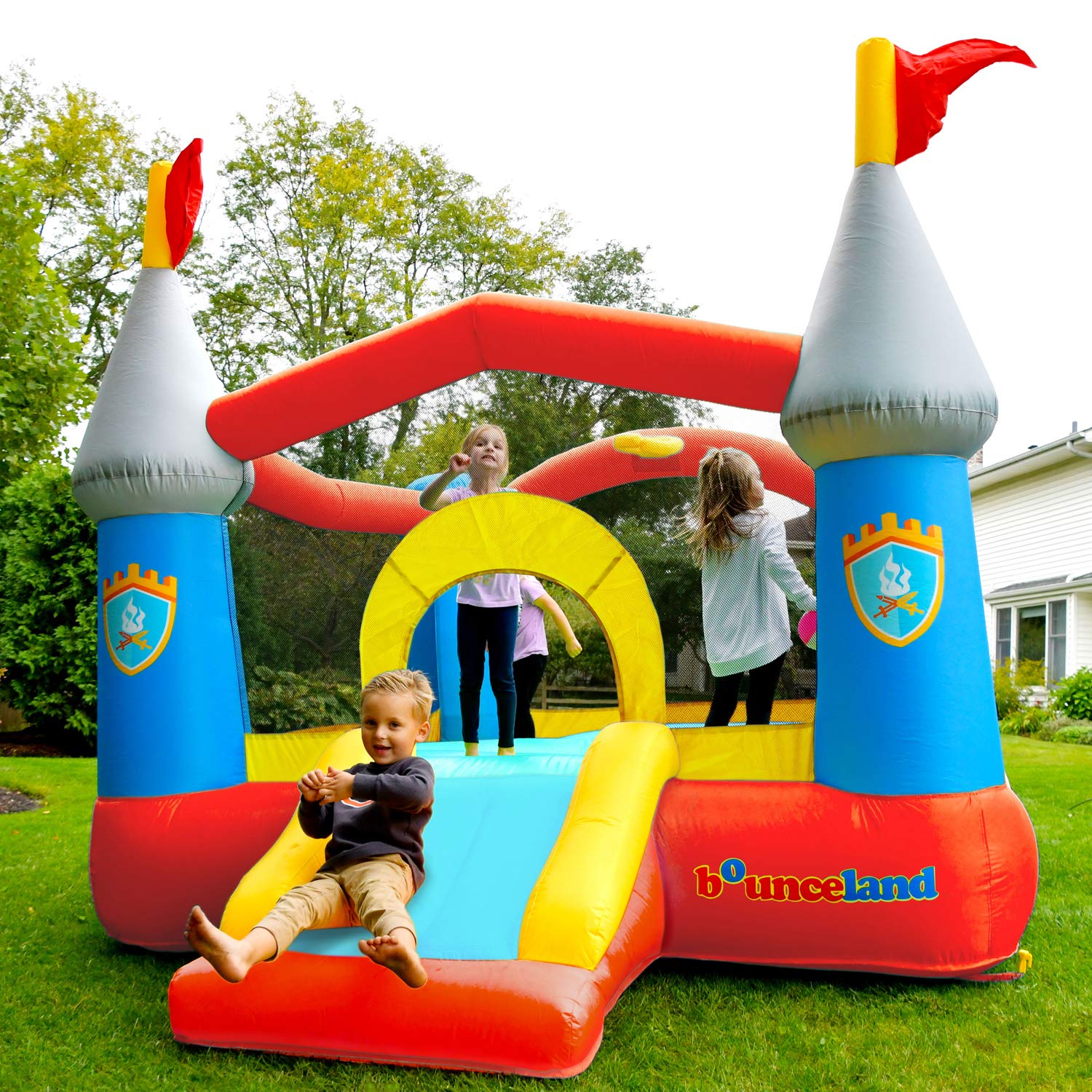 Bounceland Bounce House Castle with Basketball Hoop Inflatable Bouncer, Fun Slide, Safe Entrance Opening, UL Certified Strong Blower Included, 12 ft x 9 ft x 7 ft H