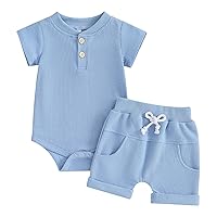 Newborn Baby Boy Summer Clothes Button Short Sleeve Romper Bodysuit Shorts Set Toddler Soft Waffle Outfit