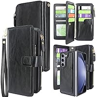 Harryshell Detachable Magnetic Case Wallet with Cash Coin Zipper Pocket 12 Card Slots Holder Wrist Strap Lanyard for Samsung Galaxy Z Fold 5 5G Z Fold5 (2023) (Black)