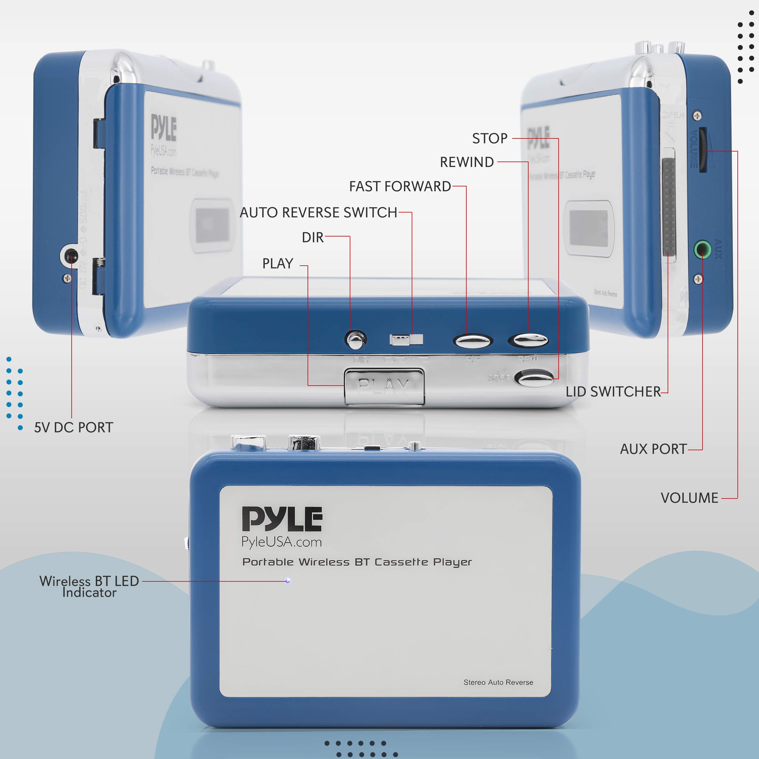 Pyle Portable Wireless BT Cassette Player - Lid Switcher, AUX Port w/LED Indicator, Auto Reverse Function, USB Cable for Power Supply, 3.5mm Earphone Jack & Bluetooth Transmitter - Pyle PCASRSD18BT