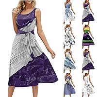 Summer Dresses for Women 2024 Beach Dresses Loose Round Neck Sleeveless Midi A-Line Swing Dress Sundresses with Pockets