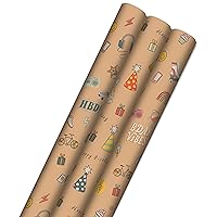 Hallmark Recyclable Wrapping Paper with Cutlines on Reverse (3 Rolls: 60 sq. ft. ttl) Kids Birthday, Retro Icons, Roller Skates, Skateboard