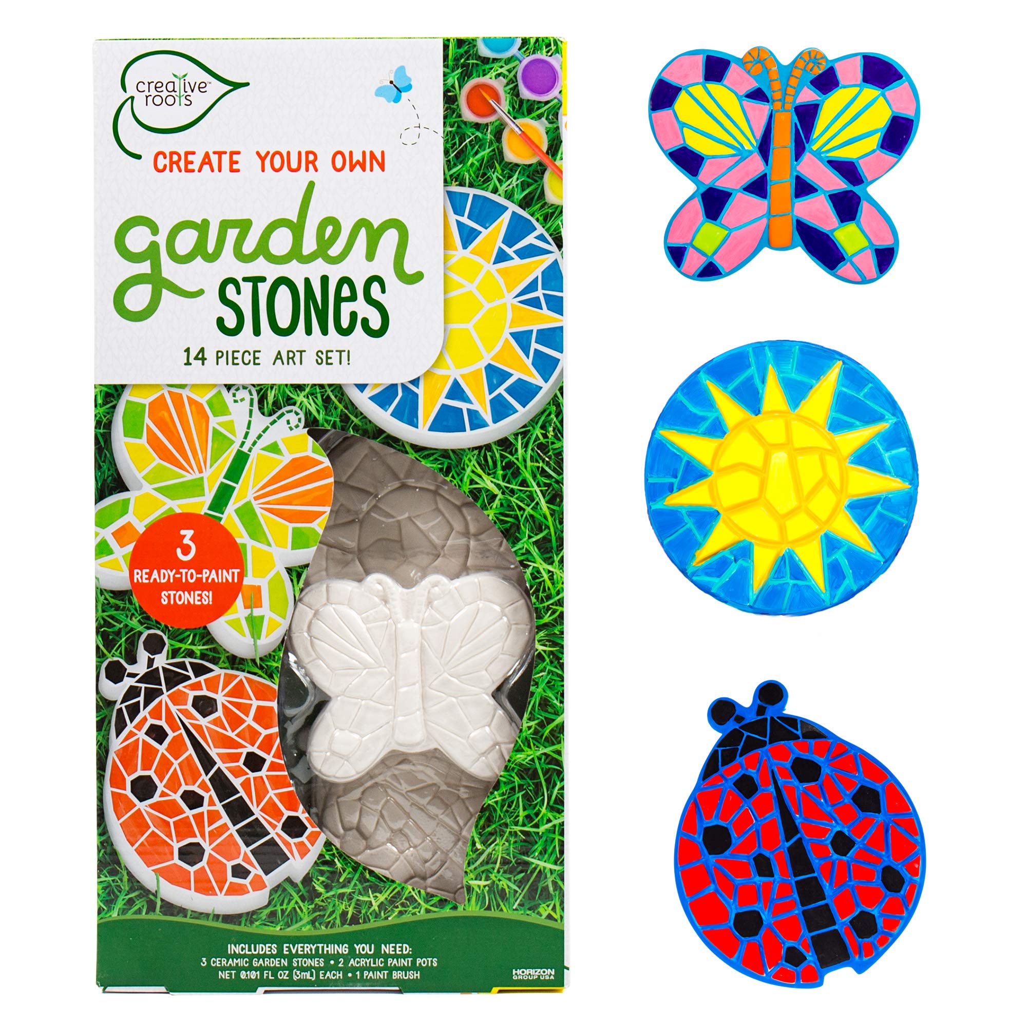 Creative Roots Mosaic Butterfly, Ladybug, & Sun Stepping Stone, Includes 3-Pack 4.5-Inch Ceramic Stepping Stone & 6 Vibrant Paints, Paint Your Own Stepping Stone, DIY Stepping Stone for Kids Ages 8+