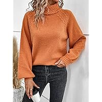 Women's Sweater Turtleneck Cable Knit Bishop Sleeve Sweater Sweater for Women (Color : Orange, Size : Small)