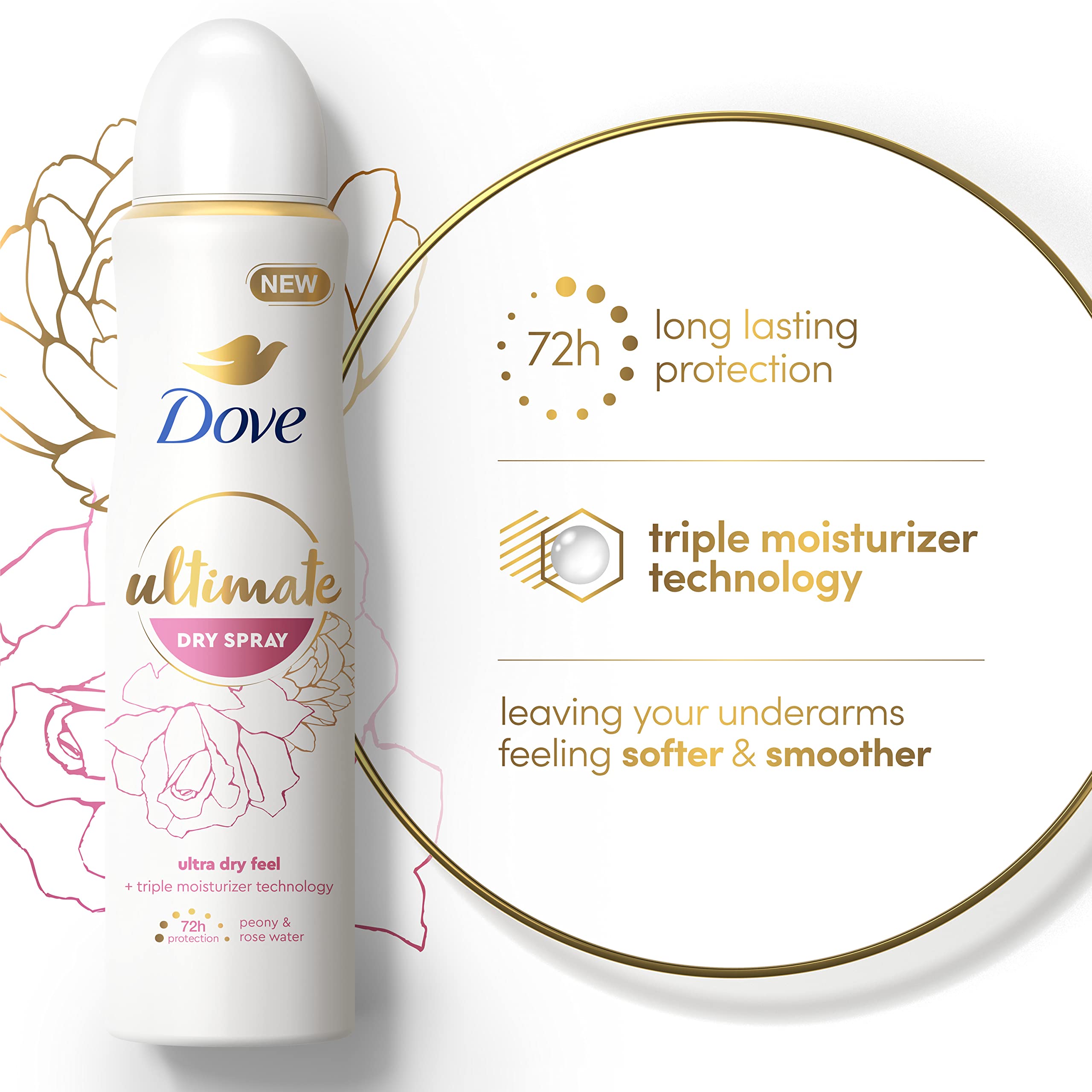 Dove Ultimate Dry Spray Antiperspirant Peony And Rose Water 2 Count For 72-Hour Sweat And Odor Protection With Triple Moisturizer Technology 3.8oz