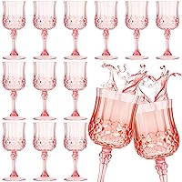 Pinkunn 12 Pcs Patterned Plastic Wine Glasses Colorful Goblet Champagne Flutes Glasses Vintage Style Dishwasher Safe Drinking Glasses for Wedding, Reception, Grand Event Party Supplies (Pink)