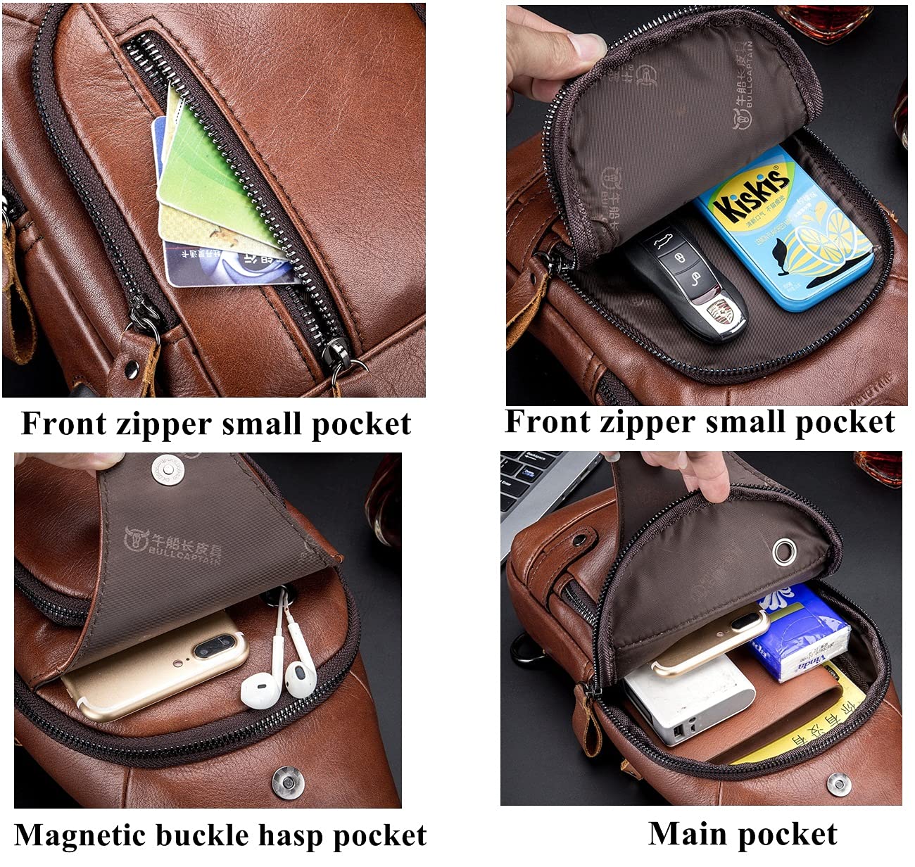 BULLCAPTAIN Men Crossbody Bag with USB Charging Port Genuine Leather Shoulder Sling Chest Bag Travel Hiking Backpack (Brown)