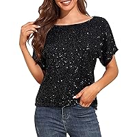 PrettyGuide Women's Sparkly Sequin Tops Short Sleeve Glitter Loose Party Shirt Blouse Boat Neck Dressy Top