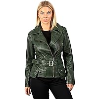 Ladies Green Long Feminine Leather Biker Jacket
