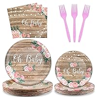 Tevxj 96PCS Rustic Wood Baby Shower Tableware Set Floral Oh Baby Dinnerware Disposable Dessert Plates Baby Girls Theme Party Plates Napkins Forks for Girls Party Decorations Supplies 24 guests