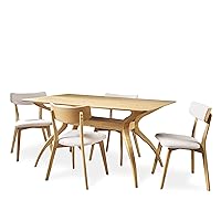 Nissie Mid-Century Wood Dining Set with Fabric Chairs, 5-Pcs Set, Natural Oak Finish / Light Beige