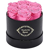 Preserved Roses Box Eternity Roses Real Roses Gifts for Her Valentine's Day Christmas Anniversary Birthday Mother's Day(Round Black Box, 7 Pink Roses)