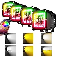 4P 3X3 LED Cube White/Amber Pods Spot Strobe Pods with Chaser RGB Halo 16 Solid Colors Over 92 Flashing Modes Offroad Fog Frontlights Flasing 3x3 Lights with Switch Wiring Harness
