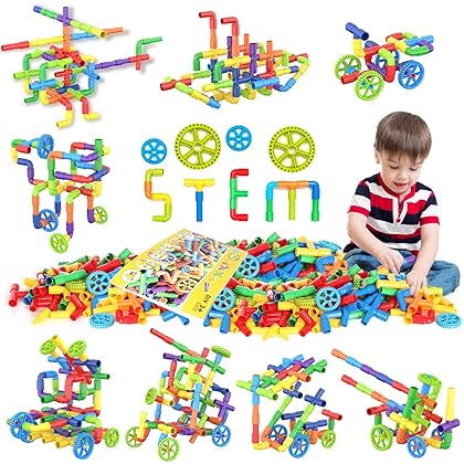 250 Pieces STEM Building Blocks, Pipe Tube Sensory Toys, Creative Tube Locks Construction Set with Wheels, with Storage Box, Preschool Educational Learning Toys, Present Gift for Boys Girls Aged 3+