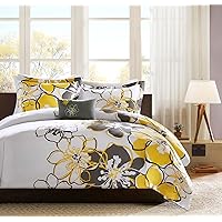 Mi Zone Allison Comforter Set Fun Bedroom Décor - Modern All Season Floral Vibrant Color Cozy Bedding Layer, Matching Sham, Decorative Pillow, Full/Queen, Yellow/Grey 4 Piece