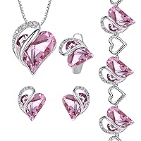 Leafael Infinity Love Heart Necklace, Stud Earrings, Bracelet, and Ring Set, October Birthstone Crystal Jewelry, Silver Tone Gifts for Women, Rose Quartz Pink