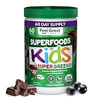 Feel Great USDA Organic Super Greens for Kids | Vegan Chocolate Greens Powder with Veggie Powder for Kids | Superfood Powder with Probiotics & Digestive Enzymes for Digestive Health | 2 Month Supply