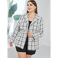 OVEXA Women's Large Size Fashion Casual Winte Plus Double Button Plaid Overcoat Leisure Comfortable Fashion Special Novelty (Color : Black and White, Size : X-Large)