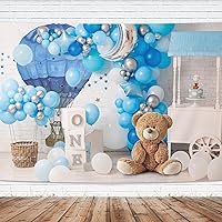 Imirell Baby Boys One 1st Birthday Backdrop 7Wx5H Feet Cake Smash Blue Bear Hot Air Balloon Cute Polyester Fabric for Baby Kids Newborn Photography Backgrounds Photo Shoot Decor Props Decoration