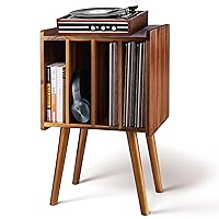 Wooden LP Record Player Stand with 4 Cabinets, Holds up to 100 Vinyls, Metal Record Storage Holder and Organizer Table, Classical Design for Files/Book (Mid-Century Modern)