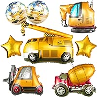 Construction Balloon Decorations-Large Foil Excavator Cranes Cement Trucks Forklift Trucks Golden Star Mylar Balloons for Boys Baby Shower Construction Birthday Party Supplies(8PCS)