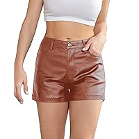 Leather Shorts for Women, Women's High Waisted PU Leather Shorts with Pockets Elastic Band Summer Shorts