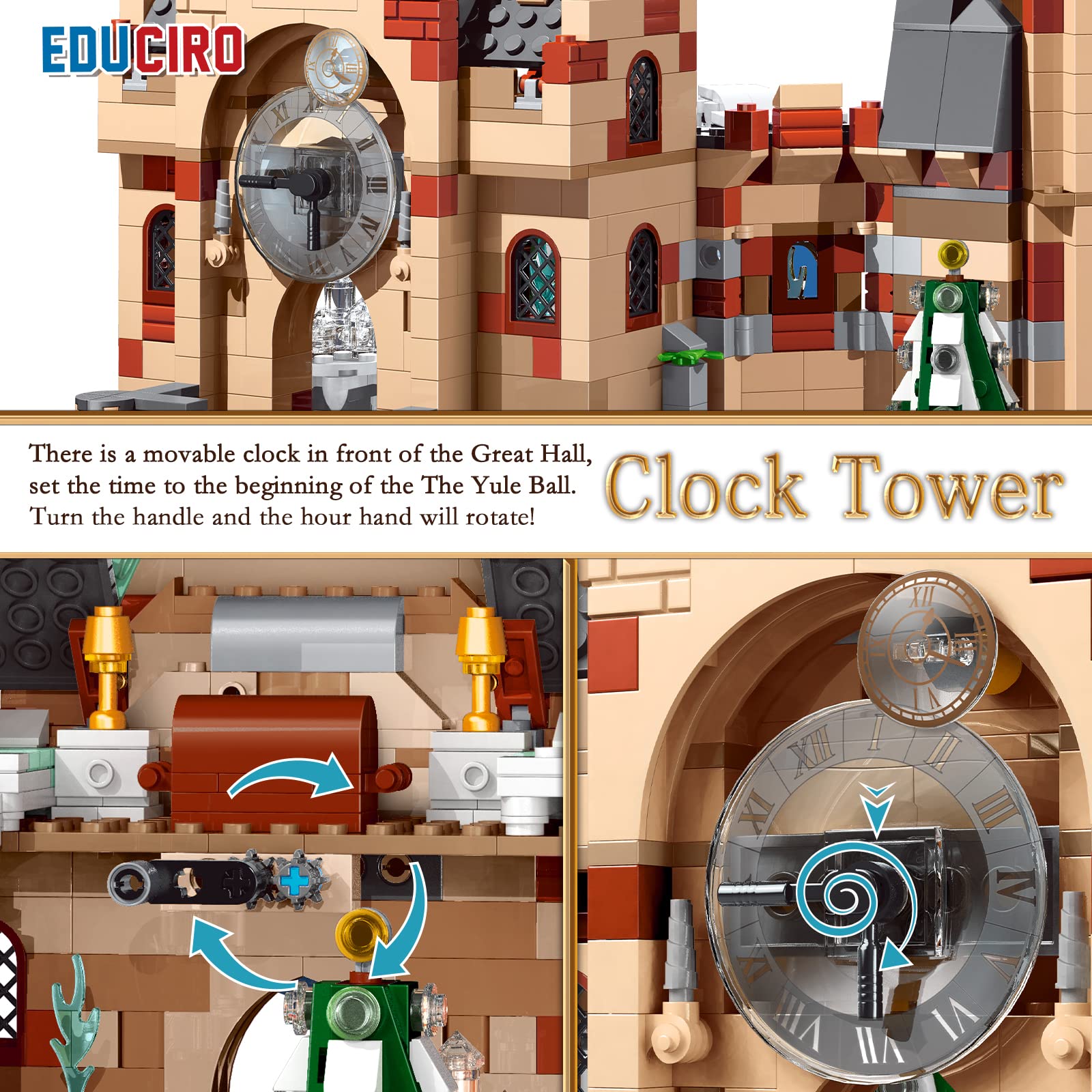 Educiro Harry Clock Tower and Great Hall Castle (871 Pieces), Build and Play Dumbledore Office Building Toy Set for Kids, Boys, Girls Ages 8-14, Not Lego Harry Potter