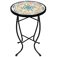 14 Inch Round Side Ceramic Tile Top Indoor and Outdoor Accent Table, Pineapple