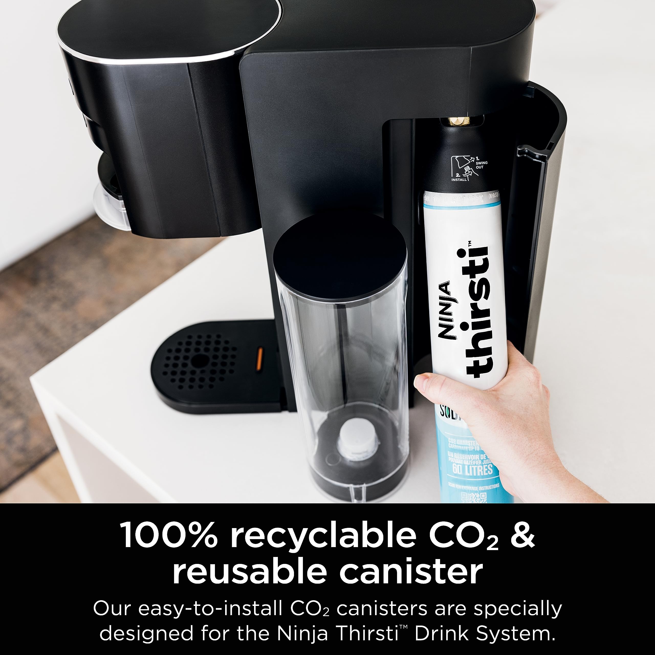 Ninja WC1001 Thirsti Drink System makes Sparkling & Still Water, 6 24-oz Sizes, Includes 60L CO2 Cylinder & 8 Flavored Water Drops, Black