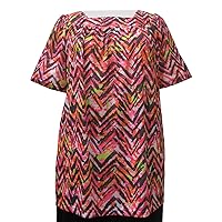 Vibrant Zig Zag Short Sleeve Square Neck Pullover Plus Size Woman's Top