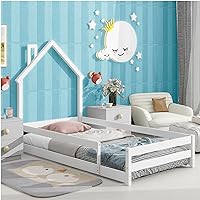Dolonm Twin Size Montessori Toddler Floor Bed Frame, Modern House-Shaped Frame Headboard Bed with Fences, Pine Wood with Full-Length Guardrails, Bed for Girls Boys(Without Slats), White