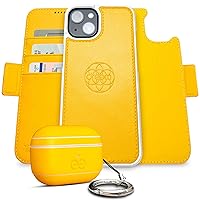 Dreem Bundle: Fibonacci Wallet-Case for iPhone 14 Plus with Om for Apple AirPods Pro 2 Case [Yellow]