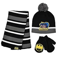 Disney Disney Boys' Winter Accessory Hat and Mittens, Batman Toddler Beanie for Ages 2-4, Scarf Set-Black/Grey/Yellow