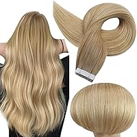 Full Shine Ombre Blonde Tape in Hair Extensions Human Hair 6/27/60 Brown to Honey Blonde And Blonde Tape in Extensions Balayage Tape in Human Hair Extensions Tape Hair Extensions 16Inch 50Gram 20pcs