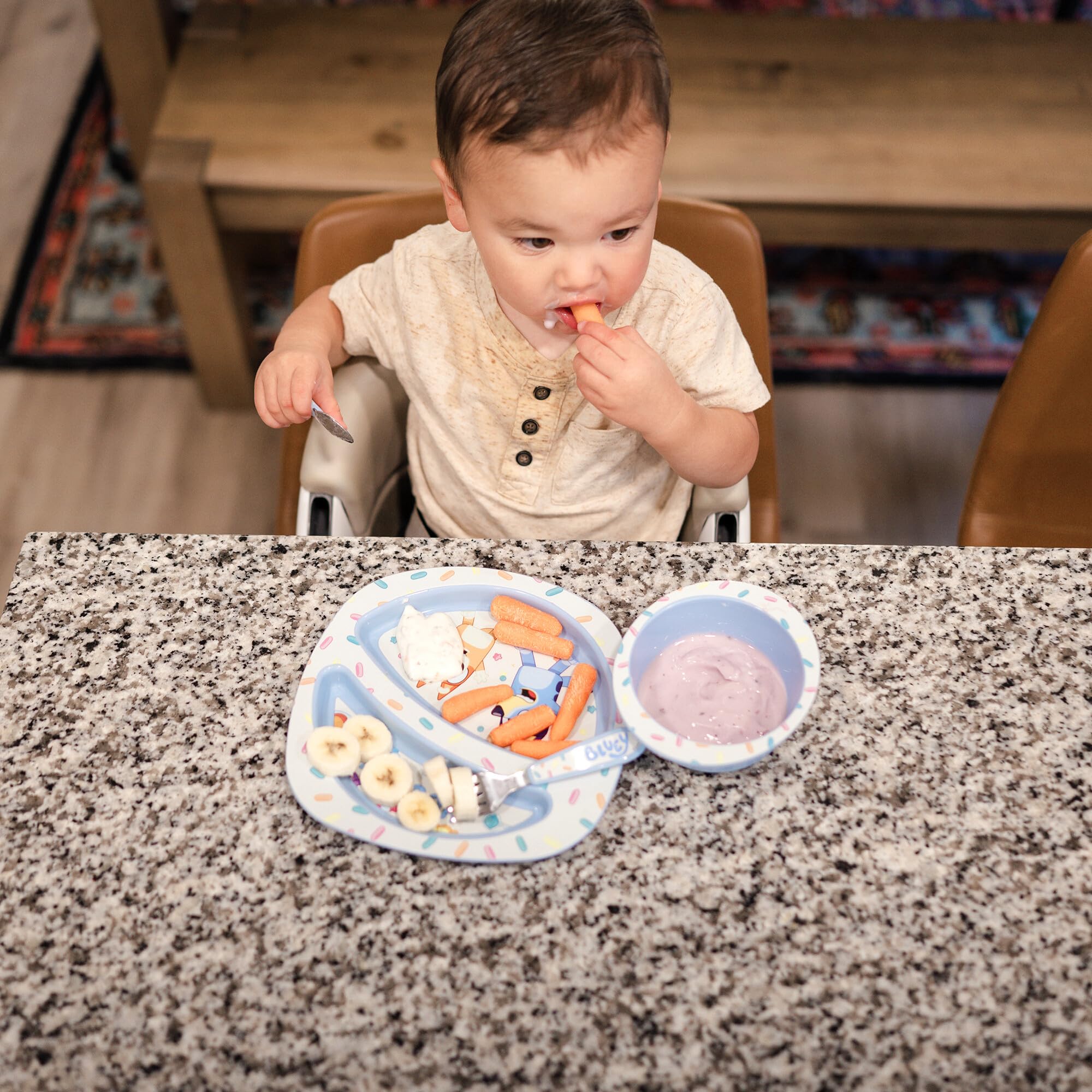 The First Years Bluey Toddler Dinnerware Set - Includes Divided Toddler Plate, Bowl, and Toddler Utensils - Dishwasher Safe Toddler Feeding Supplies Made Without BPA - 4 Count